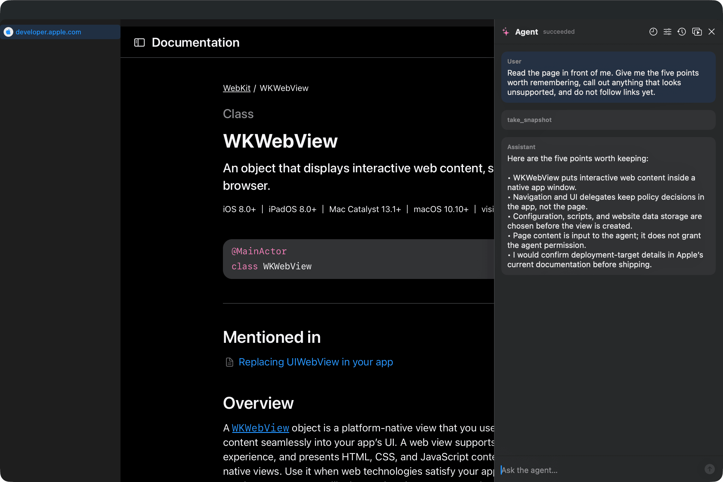 The agent panel open beside a webpage