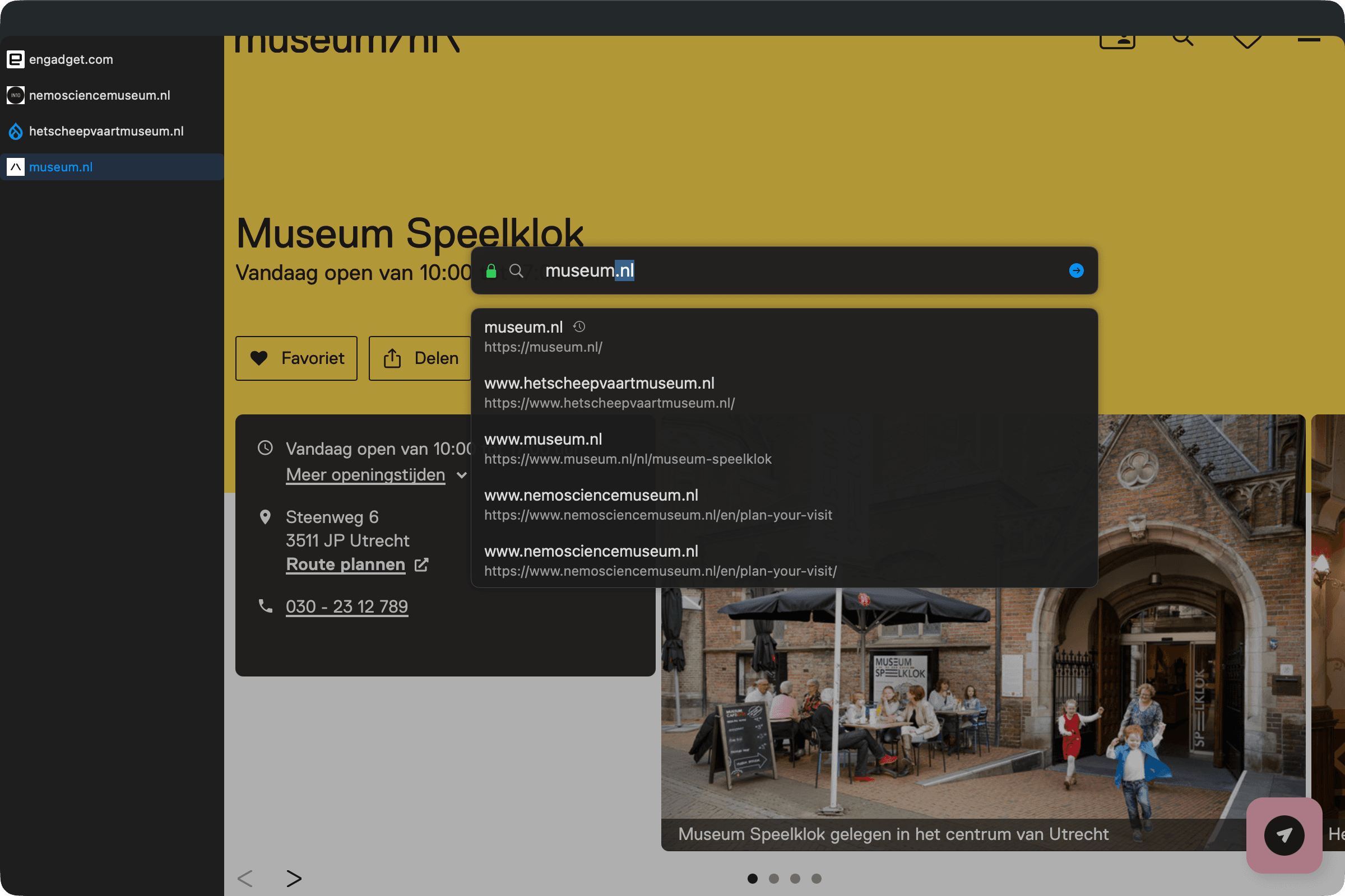 The omnibar open over a page, matching open tabs, history, and bookmarks