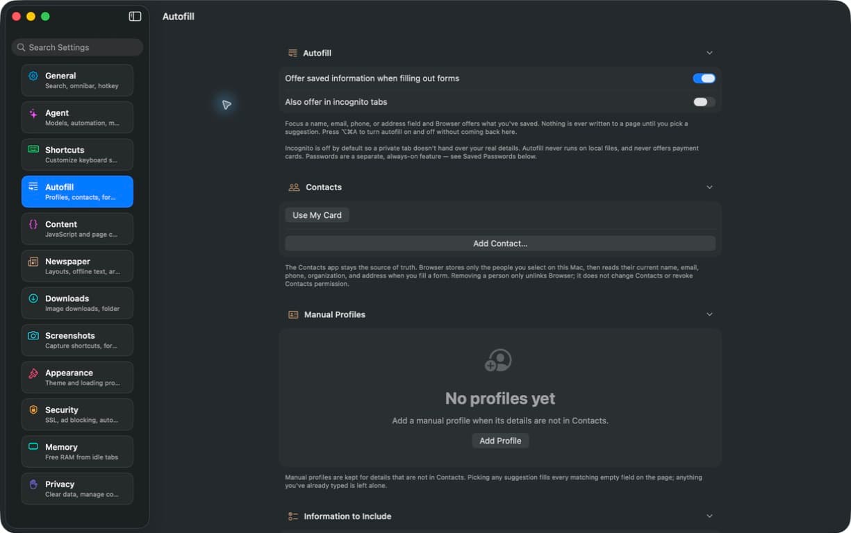 Current Autofill settings with Contacts and Manual Profiles, explaining that passwords are separate