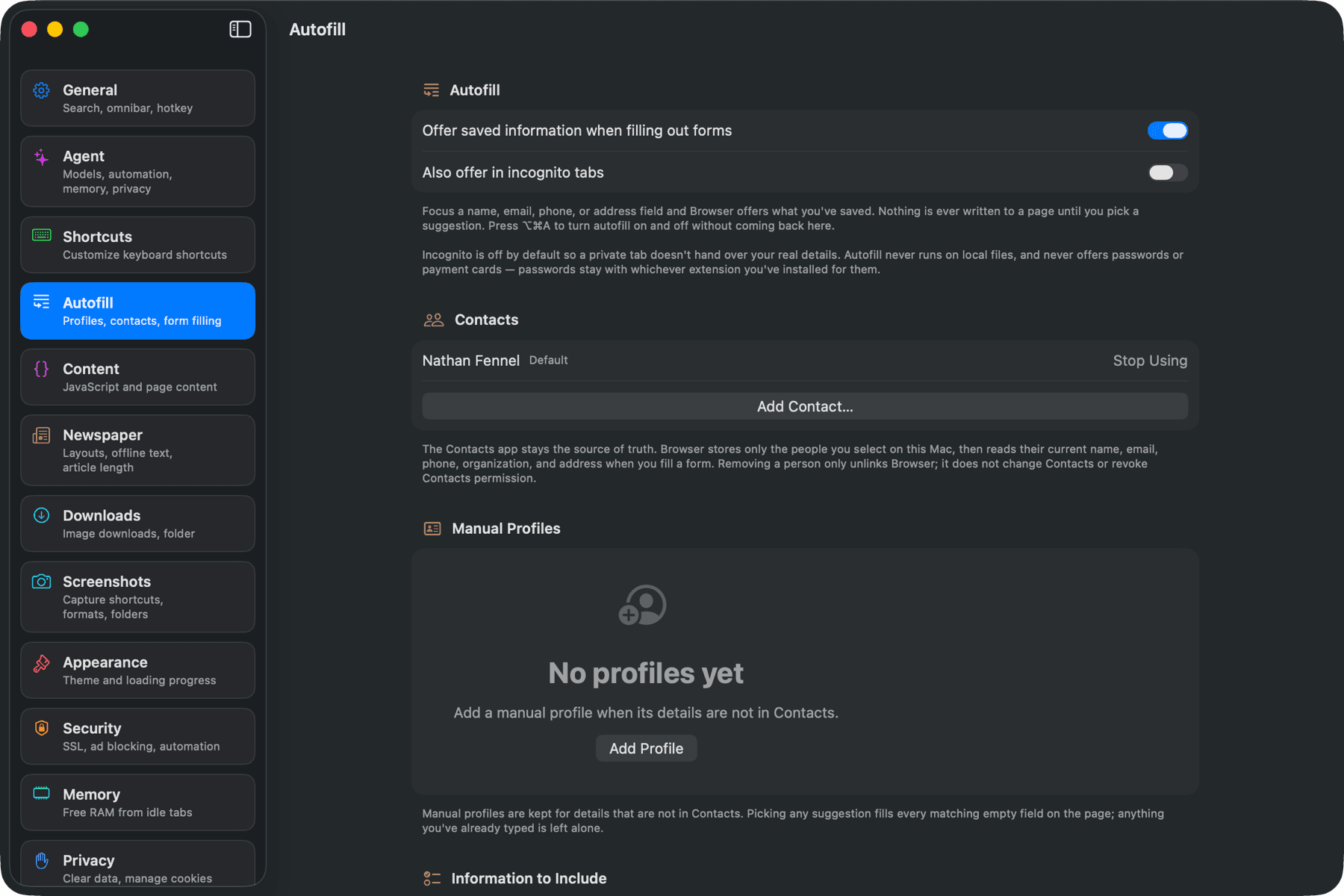 The Autofill settings pane with a linked contact and no manual profiles, beside the full settings sidebar