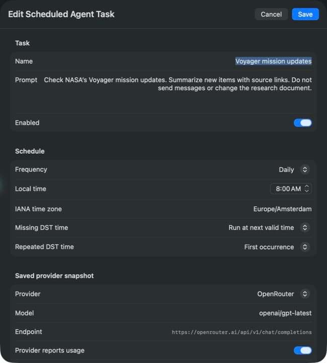 An unsaved Voyager mission updates task with daily timing, a time zone, daylight-saving options, and a provider snapshot