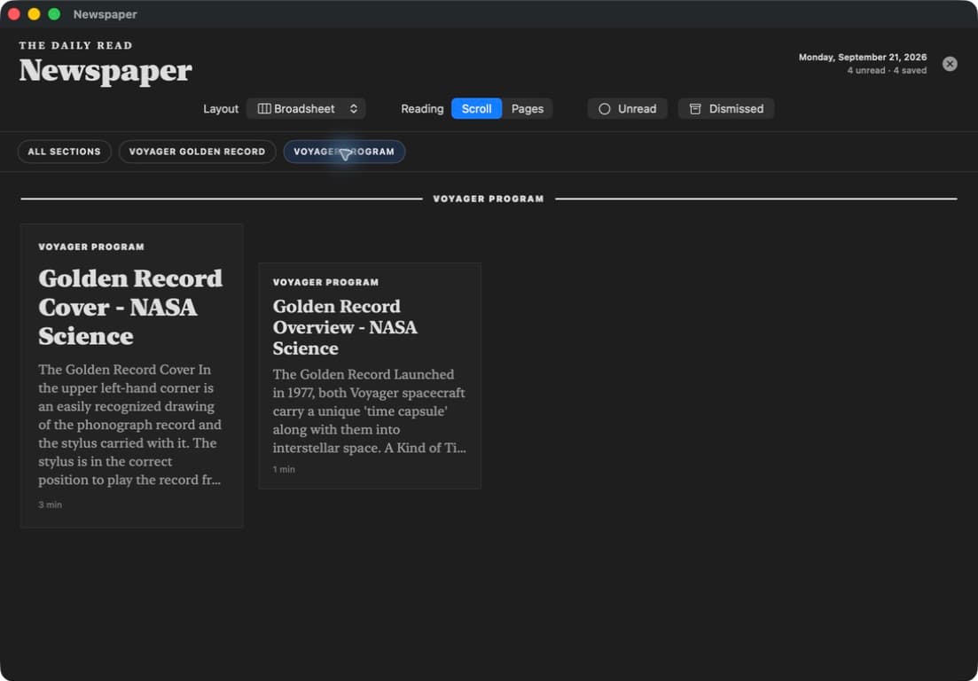 Two captured NASA sources in Newspaper's Voyager Program section, using Broadsheet layout
