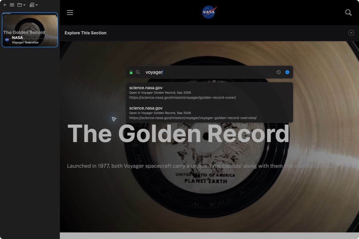 Searching for voyager in the omnibar finds two NASA sources and identifies their research workspace