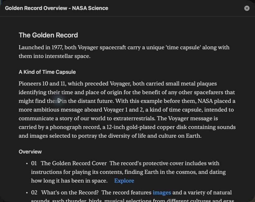 Reader Mode showing the extracted NASA Golden Record article in a separate reading sheet