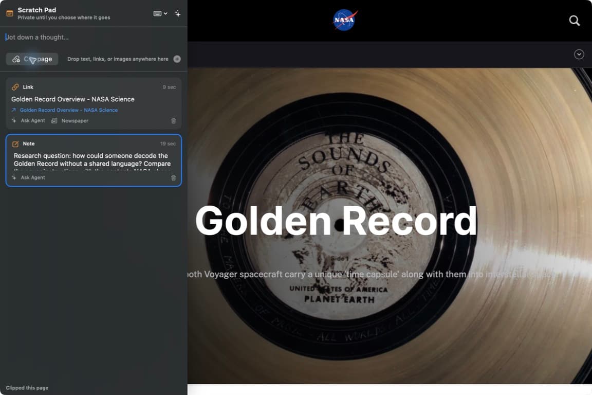 Scratch Pad containing a Golden Record research question and a clipped NASA page beside the original website