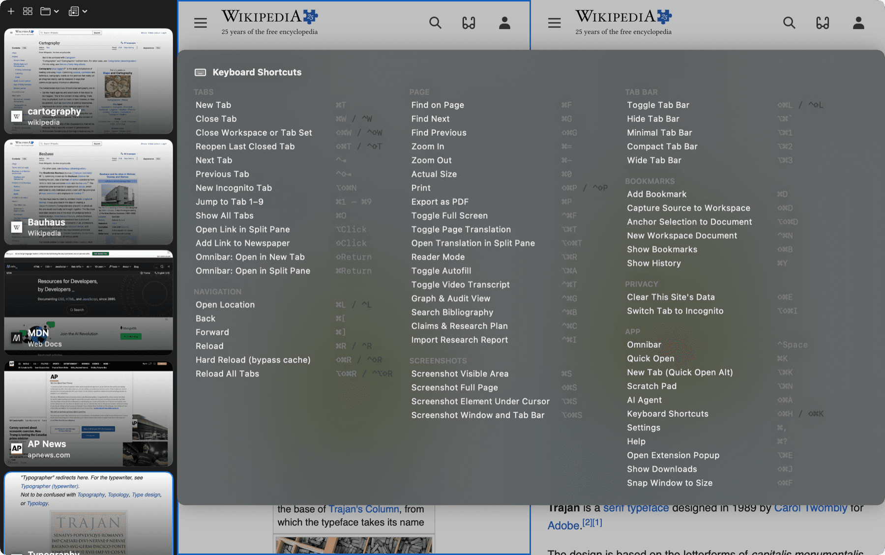 The keyboard shortcut overlay listing every Browser command in three columns