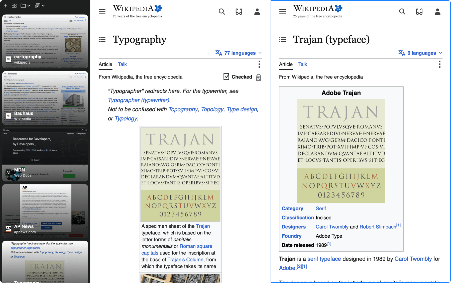 Two Wikipedia articles side by side in a split, the right pane outlined as focused