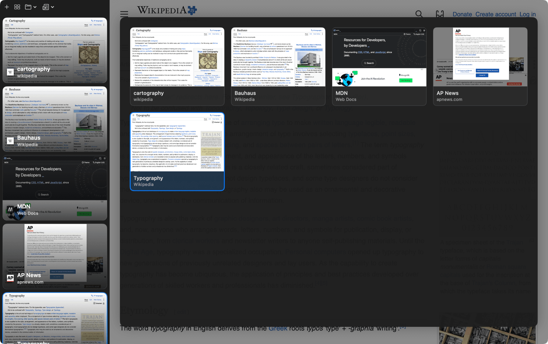 Every open tab shown as a card in a grid, one card selected