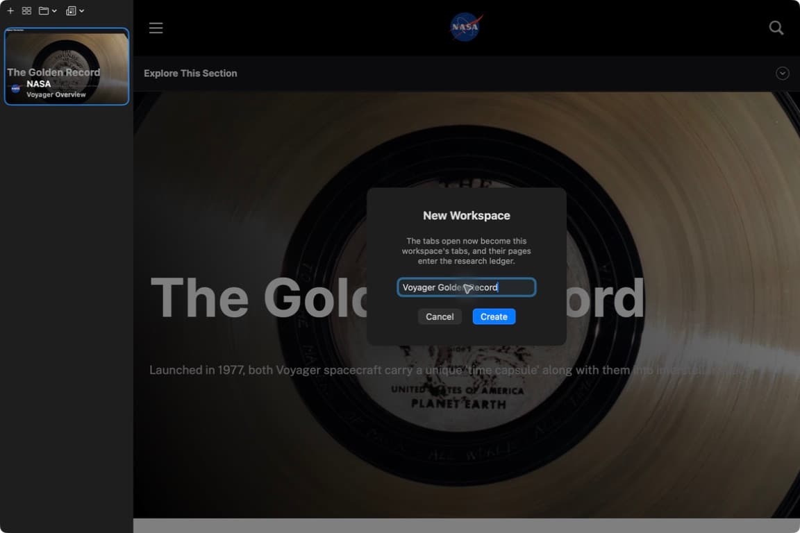 The New Workspace dialog named Voyager Golden Record over NASA's Golden Record overview