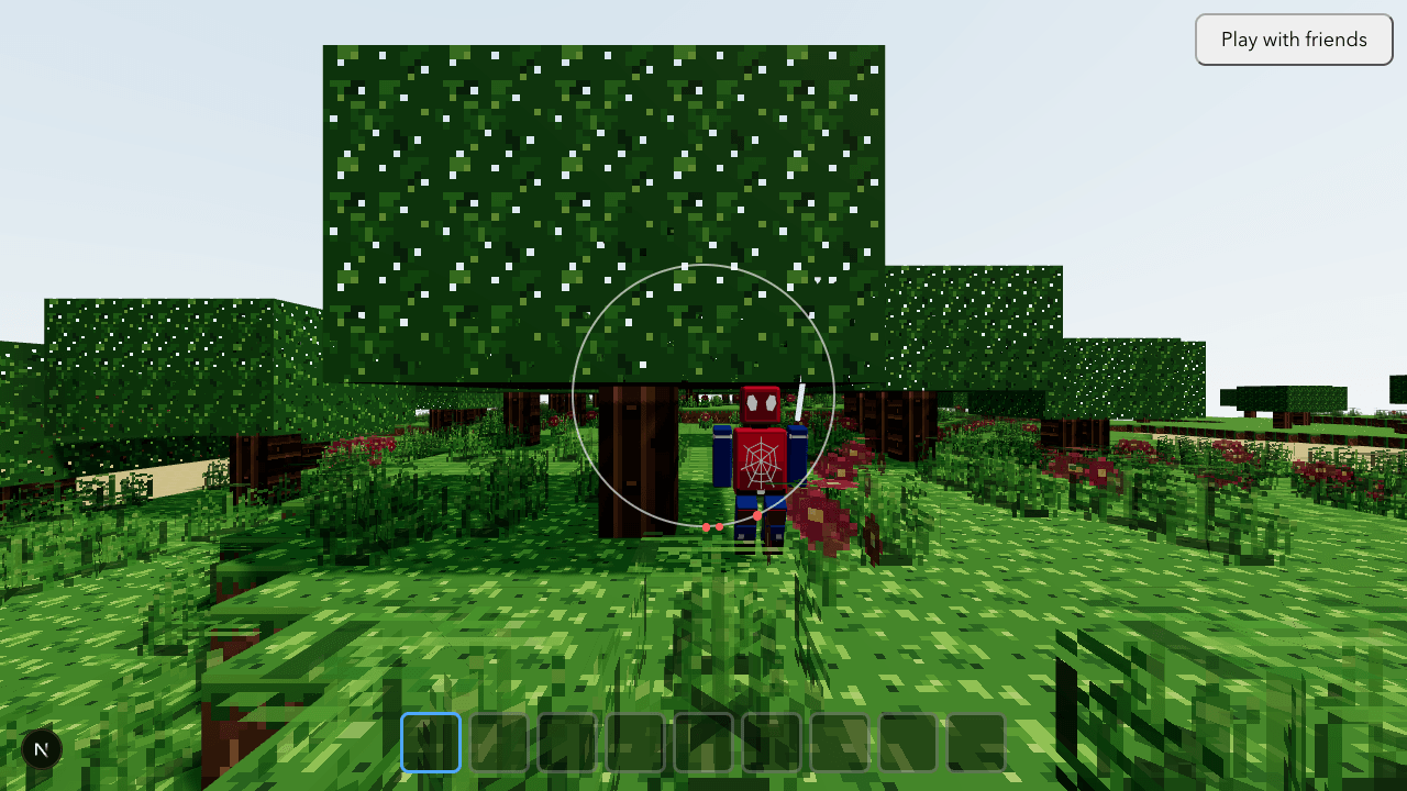 The same blocky Spider-Man under a tree in a field of tall grass and flowers