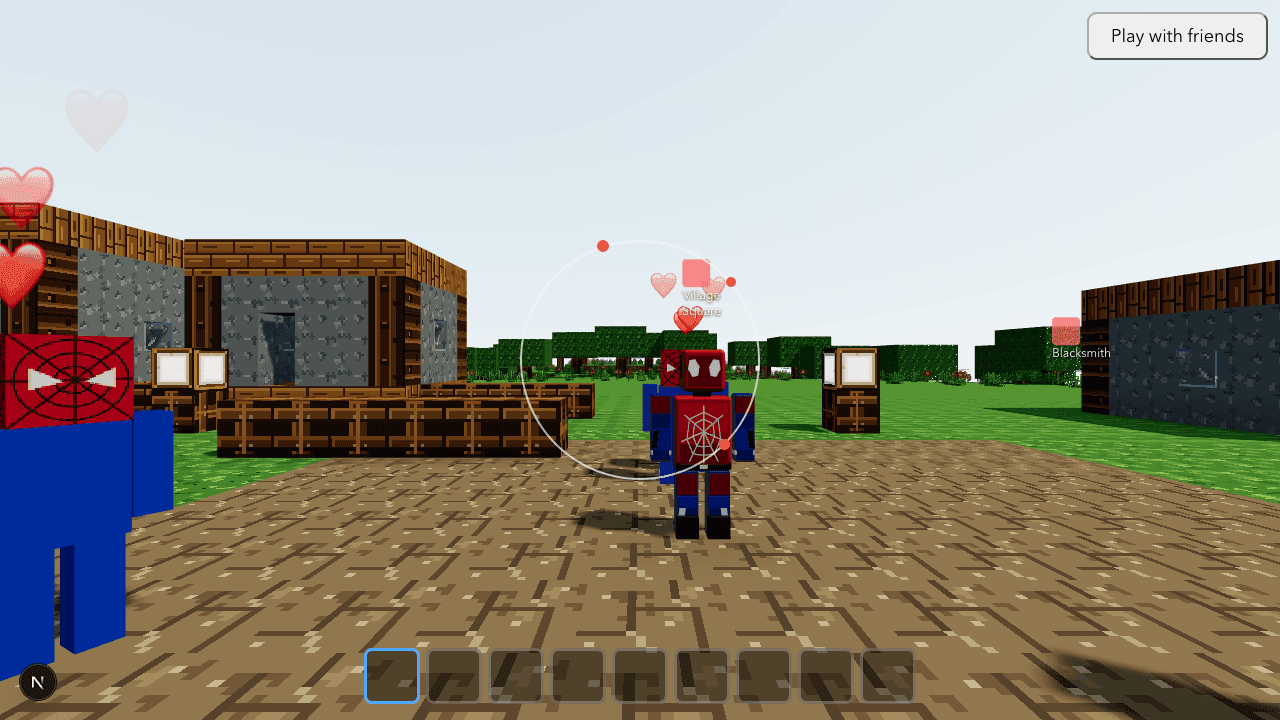 A blocky Spider-Man standing in a village square, with houses and a dirt path