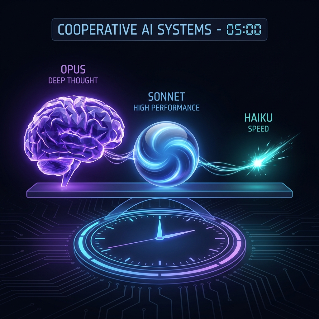 Illustration of Opus, Sonnet, and Haiku models balanced on a 5-hour quota clock
