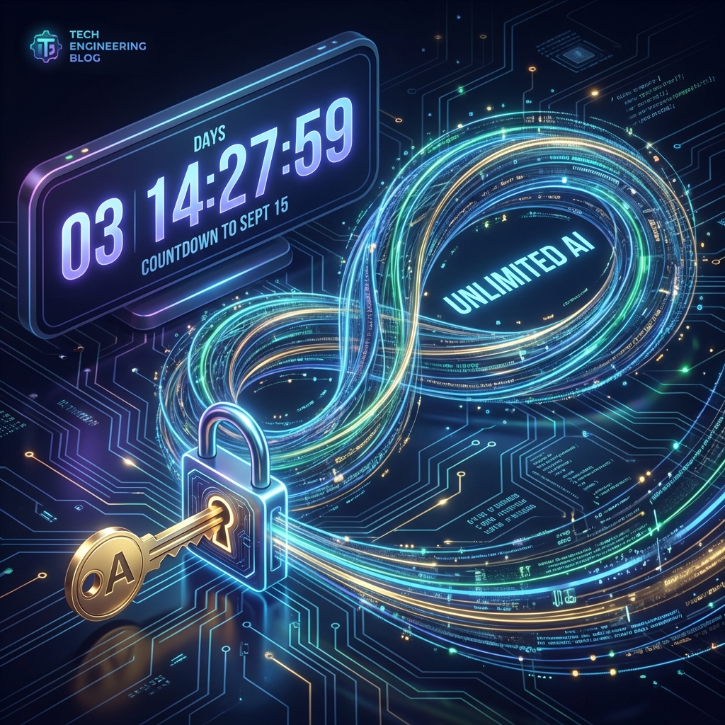 Digital timer counting down to September 15th with a golden key unlocking unlimited AI
