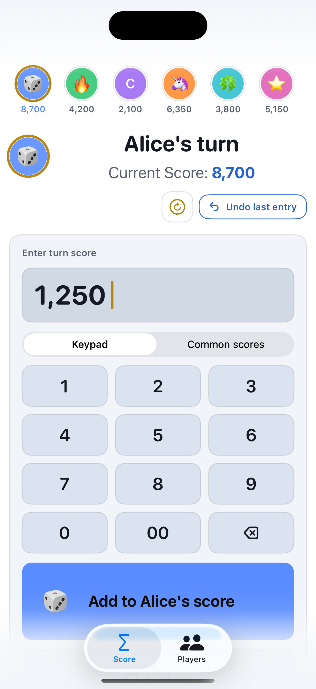 The score entry view on iPhone