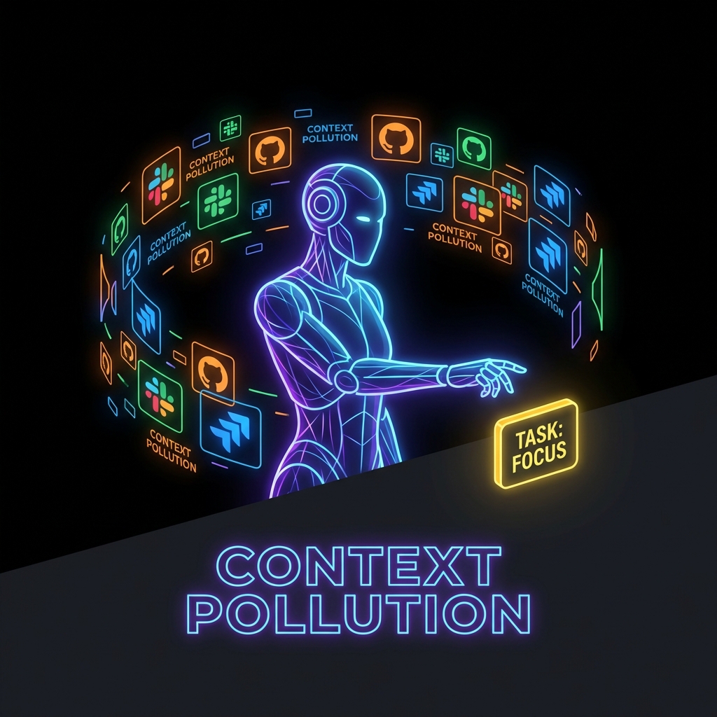 Illustration of an AI agent overwhelmed by data icons representing context pollution