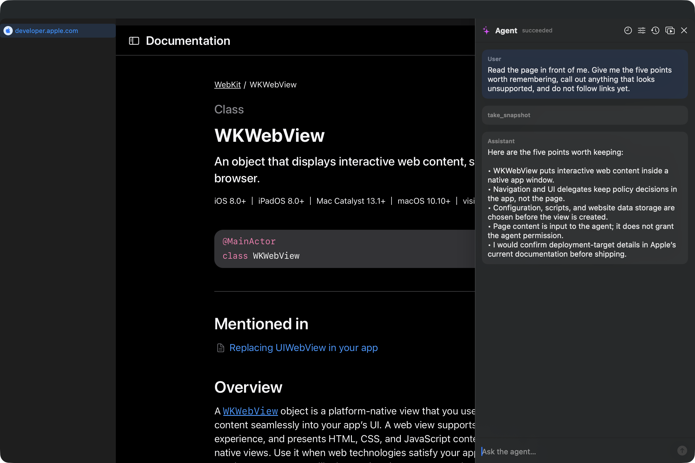 Straight Up Browser Agent summarizing Apple's WKWebView documentation with a completed page-reading step visible