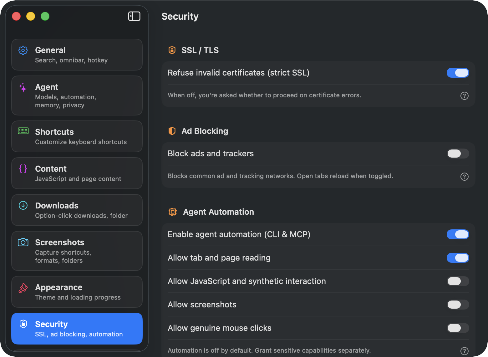 Straight Up Browser Security settings showing separate switches for agent automation, page reading, JavaScript interaction, screenshots, and genuine clicks