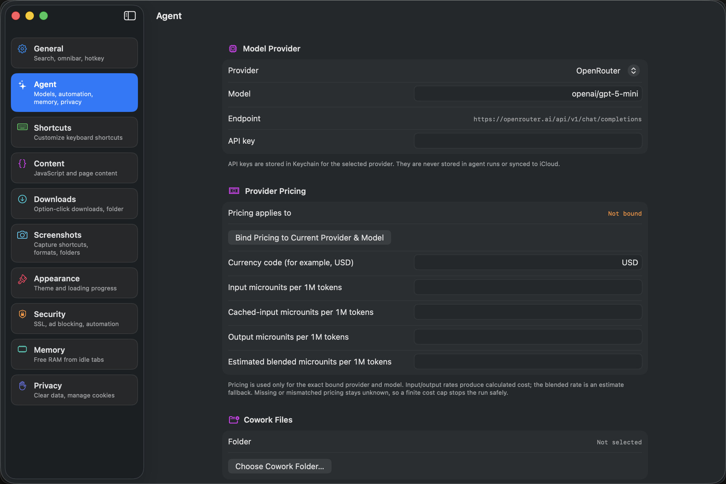 The grouped Agent settings in Straight Up Browser, including model provider, pricing, and Cowork controls