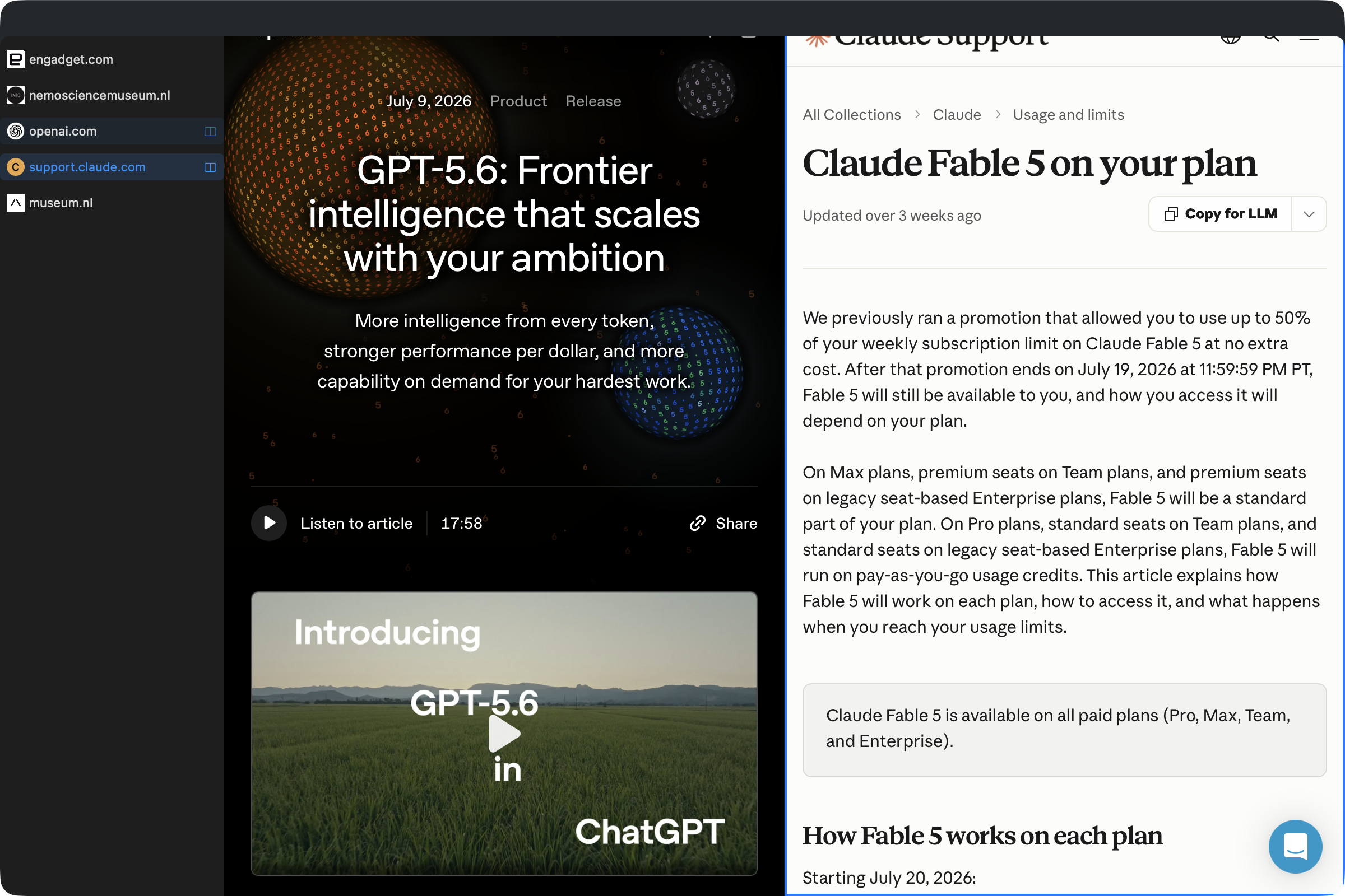 Straight Up Browser showing public OpenAI and Claude pages side by side in a Split