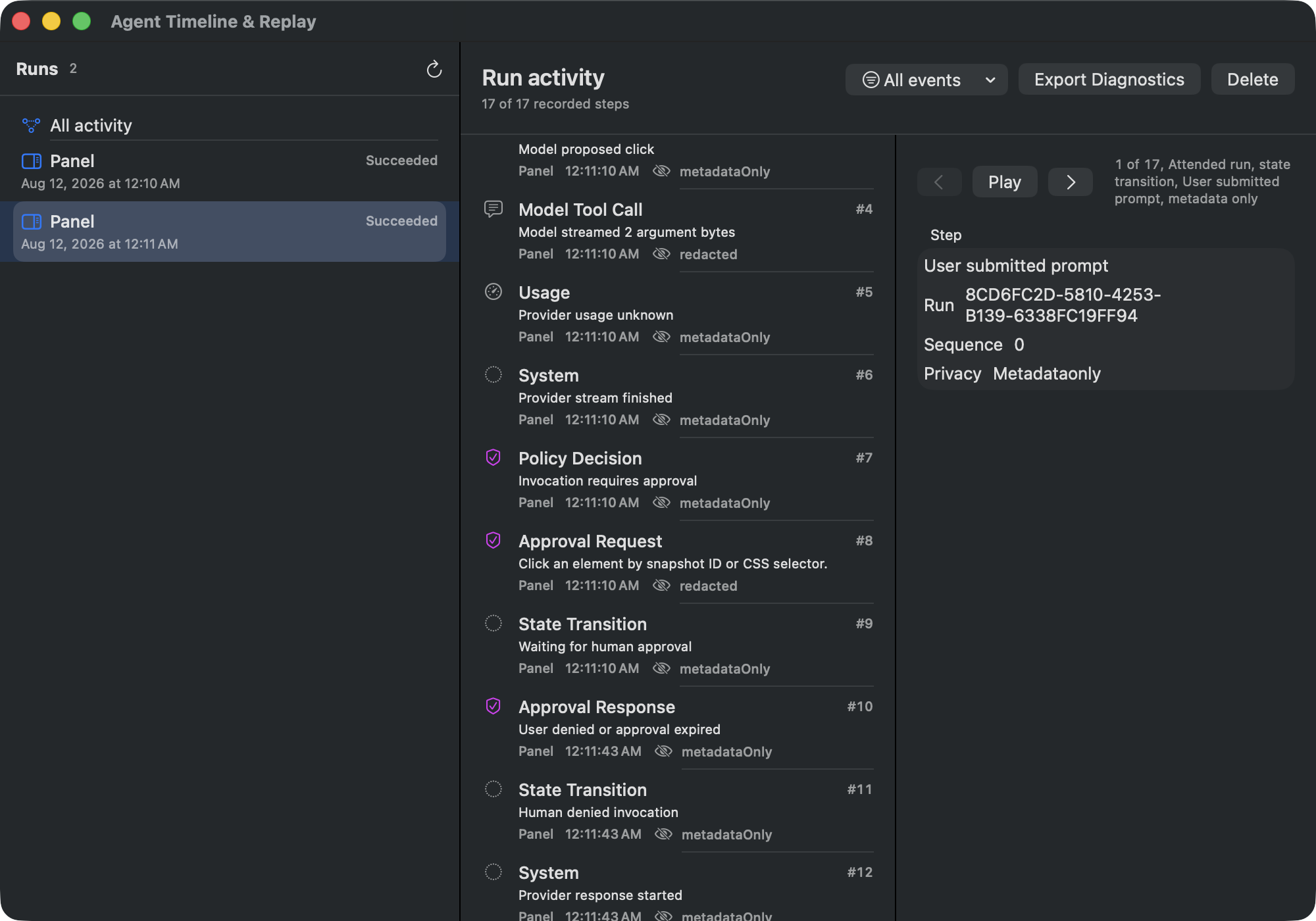 Straight Up Browser Timeline showing a proposed click, approval request, denial, and run state transitions